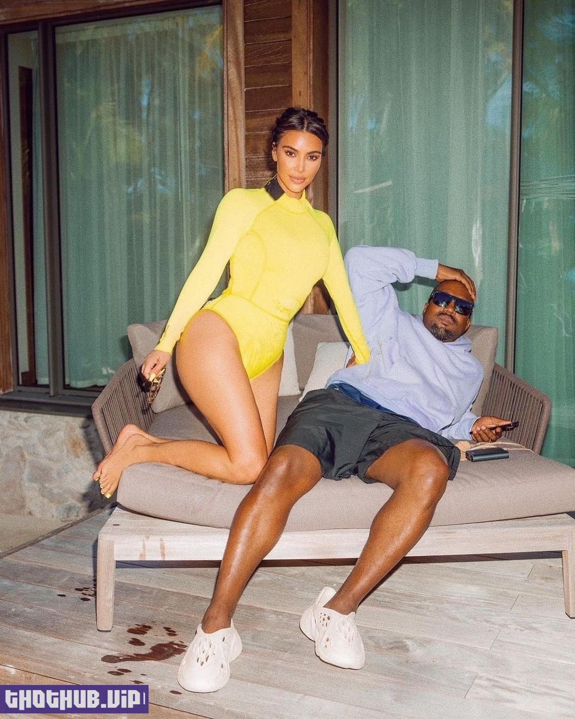 Kim Kardashian In Yellow One Piece Swimsuit 5 Photos